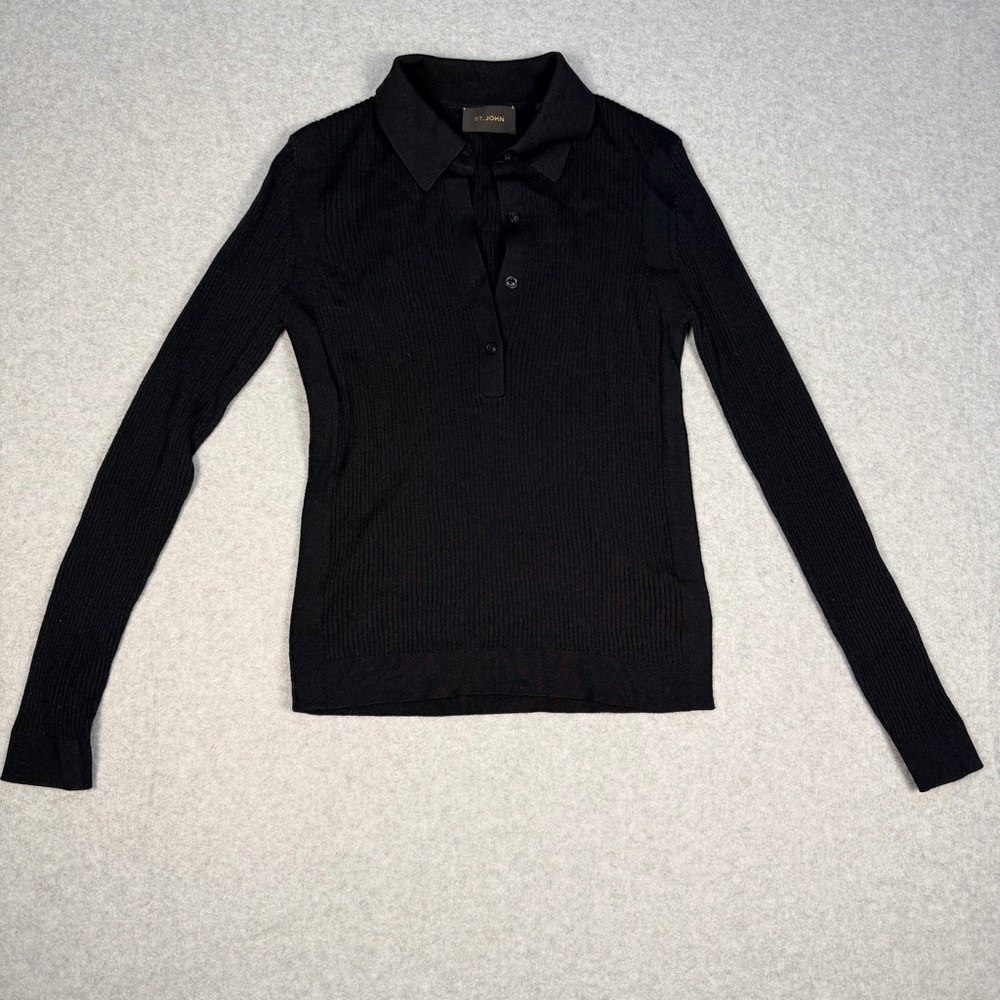 St. John Black Ribbed Long-Sleeve Button-Down Polo